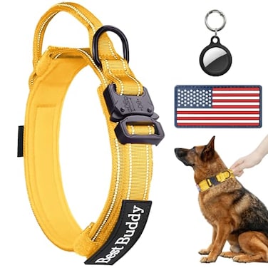 AUBELL Reflective Tactical Dog CollarAdjustable Military Heavy Duty K9 Collars with Handle and Quick Release Metal Buckle Great for Medium Dogs with Airtag Case and 2 Patches YellowM
