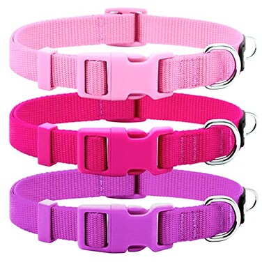 azuza 3 Pack Dog Collars Comfortable and Adjustable Nylon Dog Collars for for Small Dogs S 1116inchPink Hot Pink and Purple