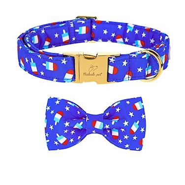 Babole Pet 4th of July Dog Collar with Bow Tie Summer Popsicle Flag Day Dog Bowtie Collars Blue Adjustable Patriotic Pet Collar for Small Medium Large Dogs M