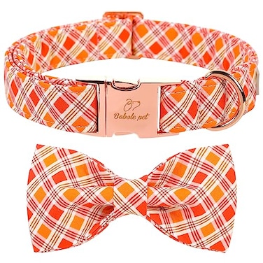 Babole Pet Fall Dog Collar with Bow Tie Thanksgiving Orange Red Plaid Dog Collars Adjustable Cotton Metal Buckle Bowtie Collar for Small Medium Large Boy Girl Dogs S