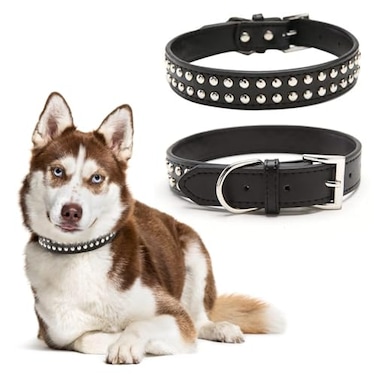 BINGPET Adjustable Leather Dog Collar Durable Studded Real Split Pet Collar with Metal Buckle DRing for Small Medium Large Dogs Black XL