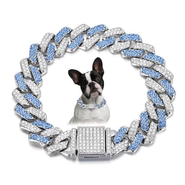 YOUALSO Blue Dog Chain Collar Bling Diamond Cuban Link Puppy Collar Glitter Rhinestone Cat Collars for Small Medium Large Pet Dogs 8Inch