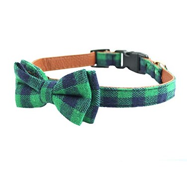 Pipidog Bow Tie Dog Collar Cute Plaid Sturdy Soft MaterialLeather Dog Collars for Small Medium Large Dogs Breed Puppies Adjustable 12 Colors and 3 Sizes Green Plaid S 1014