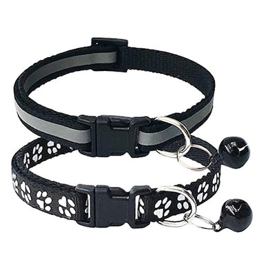 CHBORCHICEN 2Pack Footprint Reflective Cat Collar with Bell Basic Dog Cat Collar Buckle Adjustable Polyester Cat Dog Collar or Seatbelts XSmall Black