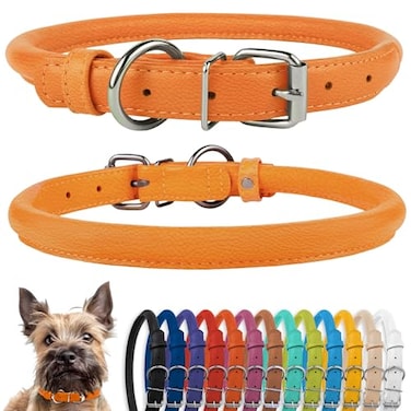 CollarDirect Rolled Leather Dog Collar Soft Padded Round Puppy Collar Handmade Genuine Leather Collar Dog Small Large Cat Collars 13 Colors 67 Inch Orange Textured