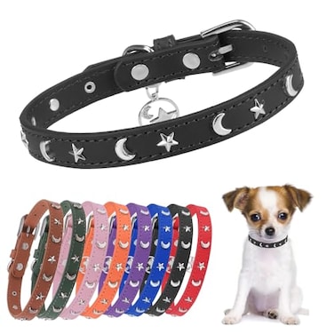 DILLYBUD Leather Dog Collar for Small Dogs Soft Adjustable Star Moon Rivet Studded Collars for Boy Girl Dogs Puppy Collars with Quick Release Metal Buckle for Walking Black S 1114 Neck