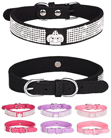 Aecllcea Dog Collar for Small Dogs Adjustable Leather Suede Bling Dog CollarsPink Dog Collar Cat Collar Rhinestone Dog Collar M black3