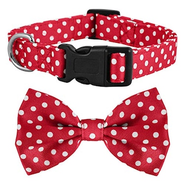 Native Pup Dog Collar with Bow Tie Premium Cute Bowtie Nylon Polka Dot Christmas American Flag Halloween for Girl or Boy Adjustable Medium Red Polka