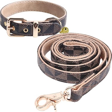 KUDES Dog Leather Collar and 4 ft Leash Adjustable Basic Collar with Bell Checkered Pattern Durable Leather Collar and Leash with Metal Buckle for Small Medium Large Dogs
