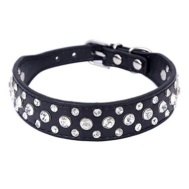 Dogs Kingdom 1220 Length Personalized Rhinestone Leather Bling Crystal Pet Dog Cat Collars for Small Medium Breeds Black S