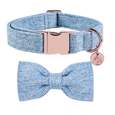 DOGWONG Hemp Cotton Dog Collar with Bow Blue Pet Collar Durable Adjustable Puppy Collar for Medium Dogs