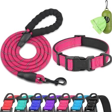 Dynmeow Reflective Dog Collar and Leash Set for Large Dogs HotPink