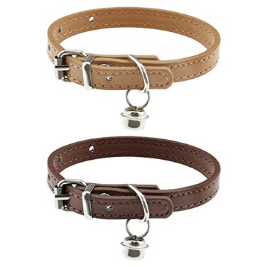 ECSiNG 2PCS Cat Collar with Bell PU Leather Comfortable Kitten Collars for 1523cm Neck Size Adjustable Length Small Pets Supplies 1cm Width Coffee Khaki