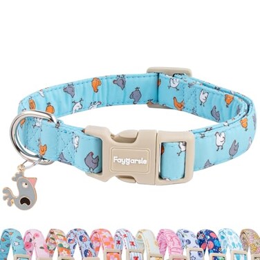 Faygarsle Funny Chicken Pattern Dog Collar Cotton Fabric Light Blue with Farm Animal Print for Small Medium Large Dogs S