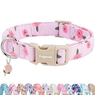 Faygarsle Pink Floral Dog Collar with Roses Pattern Spring Summer Design for Small Medium Large Dogs S