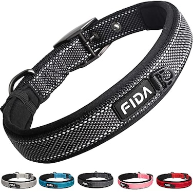 Fida Heavy Duty Dog Collar Ultra Comfortable Soft Neoprene Padded Adjustable Reflective Nylon Pet Collar with Durable Metal Belt Buckle for Large Breeds L Black