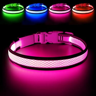 Flashseen LED Dog Collar USB Rechargeable Light Up Dog Collar Lights Adjustable Comfortable Soft Mesh Safety Pet Collar for Small Medium Large Dogs Large Candy Pink