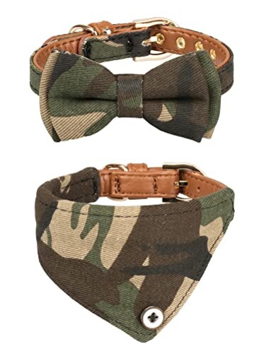 Gyapet Small Dog Collar Set 2Pcs Puppy Cat Collar with Bow Tie Bandana Durable PU Leather Canvas Tiny Pet Scarf for Small Breed Pets camoGreen