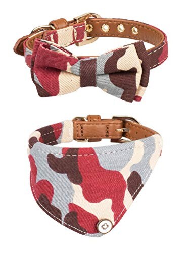 Gyapet Small Dog Collar Set 2Pcs Puppy Cat Collar with Bow Tie Bandana Durable PU Leather Canvas Tiny Pet Scarf for Small Breed Pets camored