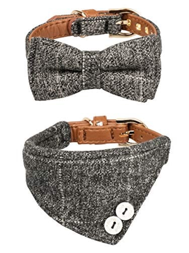 Gyapet Small Dog Collar Set 2Pcs Puppy Cat Collar with Bow Tie Bandana Durable PU Leather Canvas Tiny Pet Scarf for Small Breed Pets Grey Classic