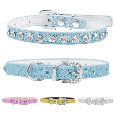 HOWWFALY Pet Bling Accessories Cat and Dog Rhinestone Collar PU Leather Adjustable Collar Medium Bule