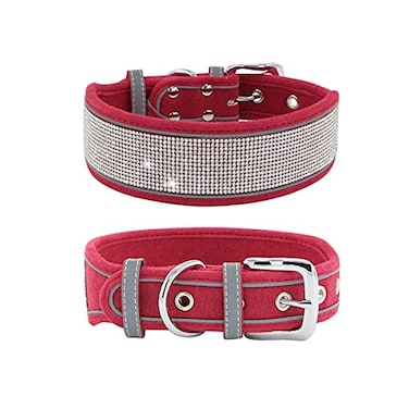 IDOLPET Bling Rhinestone Dog Collar Soft Comfortable Stylish Dog Collar with Bright Reflective Stripe Premium Adjustable Diamond Crystal Pet Collar for Small Medium and Large Dogs S Red