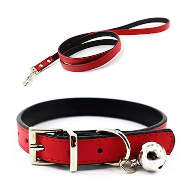 JIngwy Metal Buckle Pet Collar and Leash Set with Bell Suit for Cats or Puppy Dogs WhiteBlackRedPinkBlueBrown M Collar Leash Red