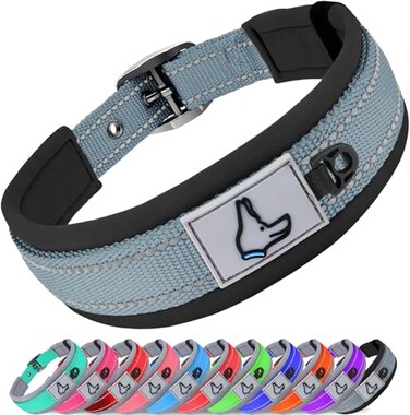 Joytale Dog Collar for Medium Dogs Neoprene Padded and Adjustable Reflective Wide Heavy Duty Pet Collars with Durable Metal Belt Buckle for Walking Gray M