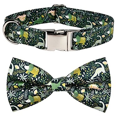 JIUJIA Jungle Dinosaur Dog Bow Tie Dog Collar Accessory Detachable Bowtie Adjustable Collar for Small Medium Large Dogs