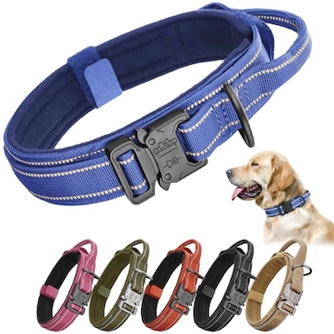 KCUCOP Tactical Dog Collar for Medium Large Dogs Military Nylon Heavy Duty Collar with Handle Reflective Strip Metal Buckle for Training Outdoor Dark Blue Reflective Large