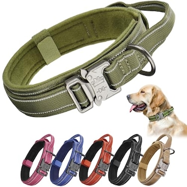 KCUCOP Tactical Dog Collar for Medium Large Dogs Military Nylon Heavy Duty Collar with Handle Reflective Strip Metal Buckle for Training Outdoor Green Reflective Large