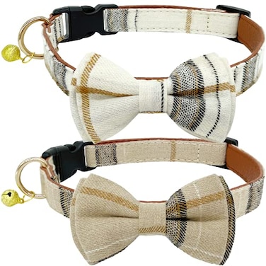 KUDES 2 PackSet Dog Collars with Bow Tie and Bells Adjustable Cute Dog Bow Ties Collar for SmallMediumLarge Boys and Girls Pets Beige Brown