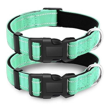 LIEVUIKEN 2 Pack Reflective Dog Collar with Safety Locking Buckle Adjustable Soft Breathable Comfortable Nylon Pet Collar for Small Medium and Large Dogs Turquoise XS