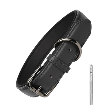 Lmlpt Leather Dog Collar Soft Padded Heavy Duty Strong Collars Comfortable Basic Pet Collar with Adjustable RustProof Metal Buckle Best Gift for Small Medium Large DogsBlackL