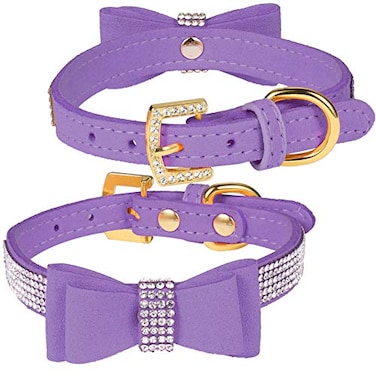 LOVPE Crystal Dog CollarCat Collar Velvet Leather with BowKnot Tie Rhinestone PuppyKitten Collars for Small Dogs Cats Purple S