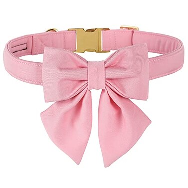 M MACA Maca Bates Cherry Pink Dog Collar with Cute Solid Sailor Bow Tie for Extra Large Girl Boy DogsGirly Adjustbale Durable Breakaway Soft Collars with Bowtie for Female Male PuppyPet with Metal Buc