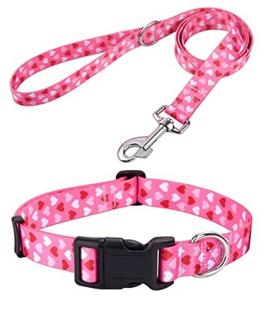 Mihqy Dog Collar and Leash Set Adjustable Heart Dog Collar Love Theme Perfect for Small Medium Large DogsPink Heart SetS