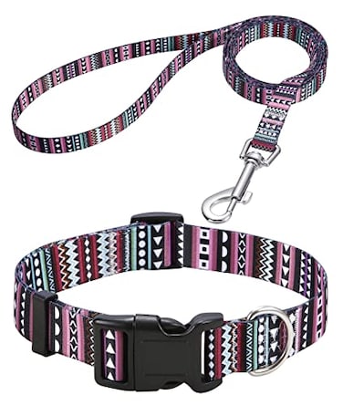 Mihqy Dog Collar and Leash Set with Bohemia Floral Tribal Geometric Patterns Soft Ethnic Style Collar Adjustable for Small Medium Large DogsBohemian Purple SetL