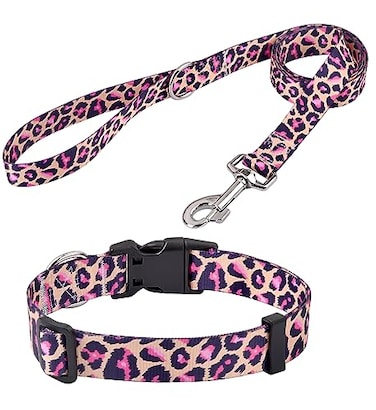 Mihqy Dog Collar and Leash Set with Bohemia Floral Tribal Geometric Patterns Soft Ethnic Style Collar Adjustable for Small Medium Large DogsPink Leopard SetL