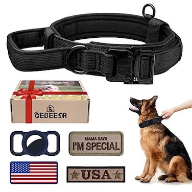 OEBEESA Tactical Dog Collar Adjustable Military Collar Nylon K9 Collars with Handle and Heavy Duty Metal Buckle for Medium Dogs with 3 Patches and Airtag Case Holder M Black