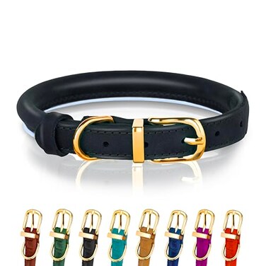OOPSDOGGY Reflective Rolled Leather Dog Collar Adjustable Soft Padded Pet Collar for Small Medium Large Breed Dogs Black S 1013
