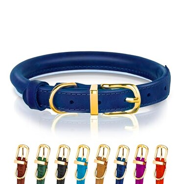 OOPSDOGGY Reflective Rolled Leather Dog Collar Adjustable Soft Padded Pet Collar for Small Medium Large Breed Dogs Blue XXS 79