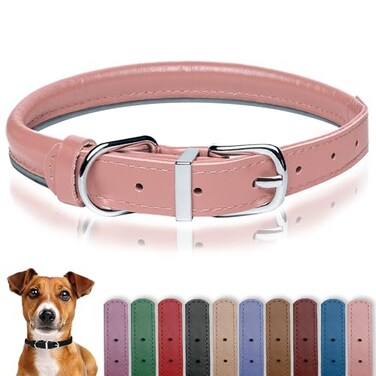 OOPSDOGGY Rolled Leather Dog Collar Reflective Roll Collars for Small Medium Large Dogs Puppy Blush M 12 15