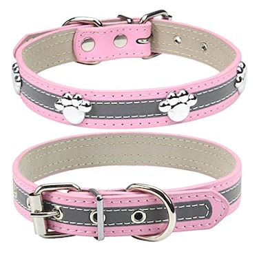 Petcare PETCARE Reflective Dog Collar with Cute Paw Rivet Studded Funny Soft PU Leather Adjustable Puppy Dog Collars for Small Medium Large Dogs Cats PinkXLarge