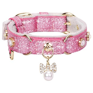 PetsHome Cat Collar Dog Collar Bling Rhinestones PU Leather Adjustable Pet Collar with Luxury Pendant for Cat and Small Dog Extra Small Pink