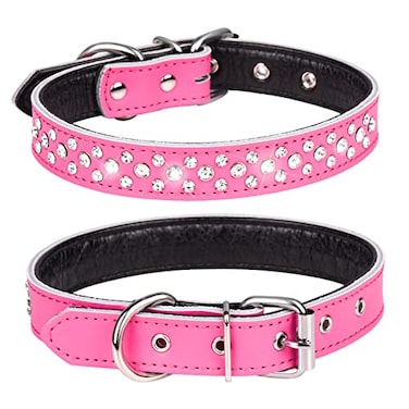 Pimaodog Rhinestones Dog Collar Adjustable Sparkly Crystal Studded Genuine Leather Pet Dog Collar for Small and Medium Dogs M Hot Pink