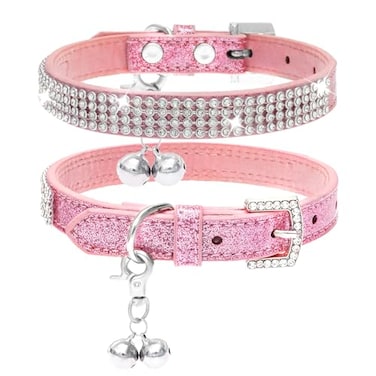 PUPTECK Basic Adjustable Cat Collar with Bling Diamond and Double Bells for Kitten and Small Puppy Fashion and Shining Dog Rhinestone Collars 68in Pink