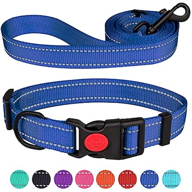 Stpiatue Reflective Dog Collar and Leash Set with Safety Locking Buckle Nylon Pet Collars Adjustable for Small Medium Large Dogs 3 SizesNavy BlueM