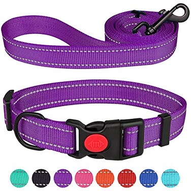 Stpiatue Reflective Dog Collar and Leash Set with Safety Locking Buckle Nylon Pet Collars Adjustable for Small Medium Large Dogs 4 SizesPurpleM