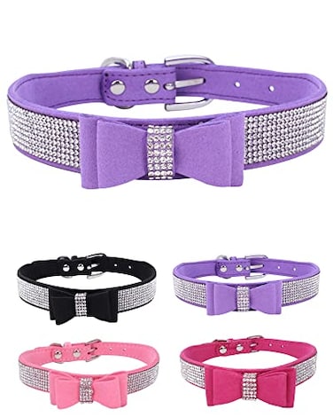 Aecllcea Rhinestone Dog Collar for Small Medium Large Dogs Adjustable Leather Suede Bling Dog CollarsDiamond Bow Tie Puppy Collars for Boy and Girl